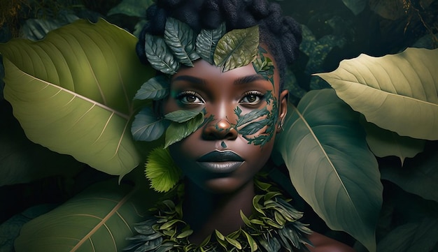 彼女の顔に緑の葉を持つ女性