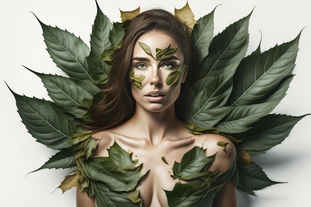 A woman with green leaves on her face