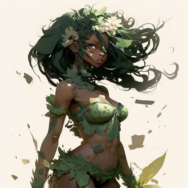 A woman with green leaves on her hair is standing in a messy messy area.