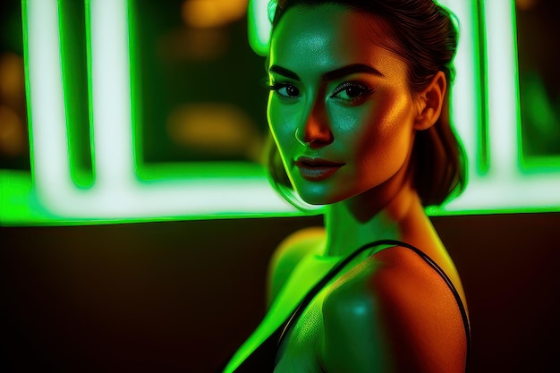 A woman with a green light behind her