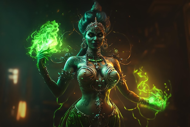 Женщина с зеленым светом в волосах стоит на темном фоне.