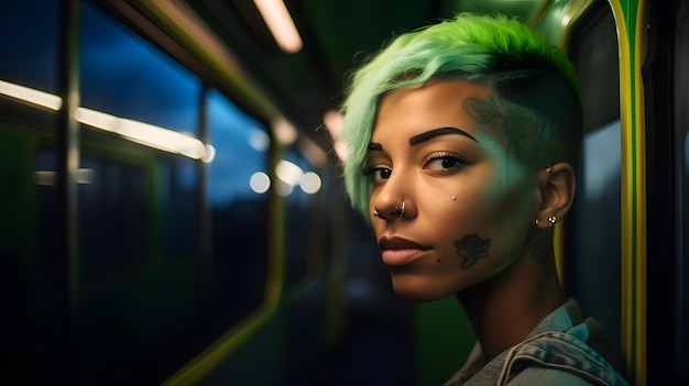 A woman with a green mohawk haircut looks into the camera.
