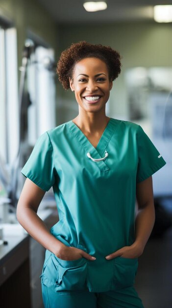 a woman with a green nurses uniform on