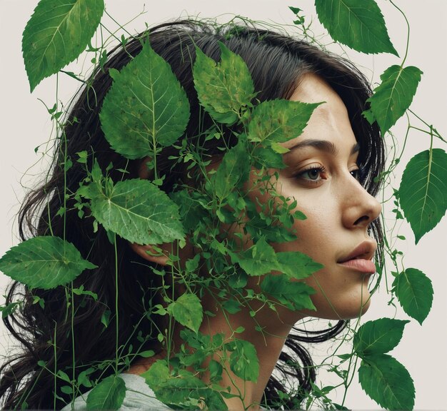a woman with a green plant in front of her face