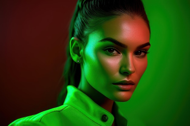 A woman with a green and red background