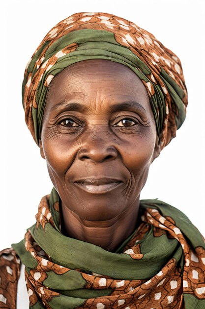 a woman with a green scarf and a brown and white head scarf