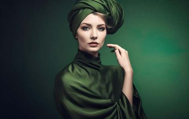 Женщина с зеленым шарфом на голове и зеленым фоном