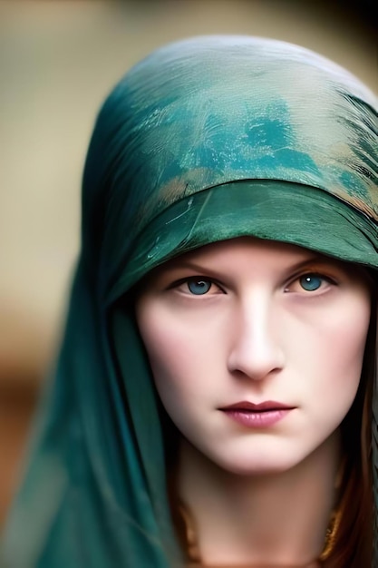 A woman with a green scarf on her head