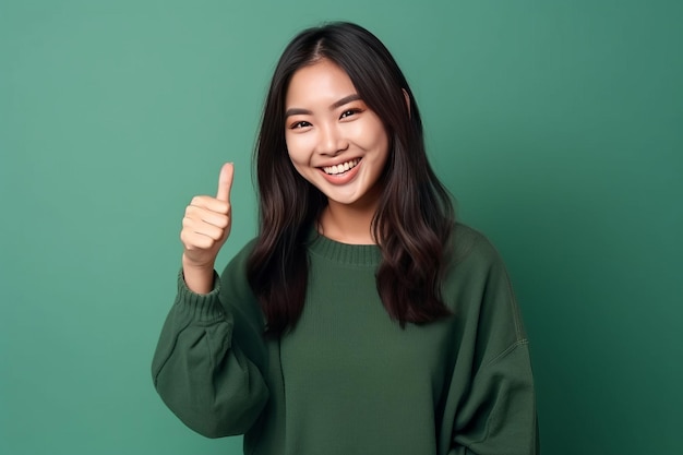 A woman with a green sweater is giving a thumbs up sign.