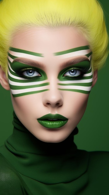 Woman With Green and White Stripes Face Paint