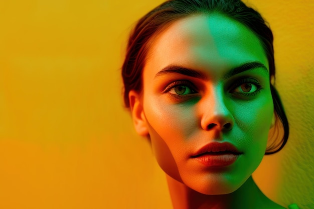 A woman with a green and yellow background