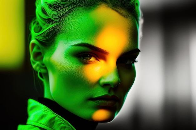 Photo a woman with a green and yellow face and a yellow light on her face