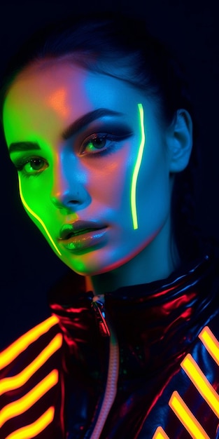 a woman with a green and yellow light on her face