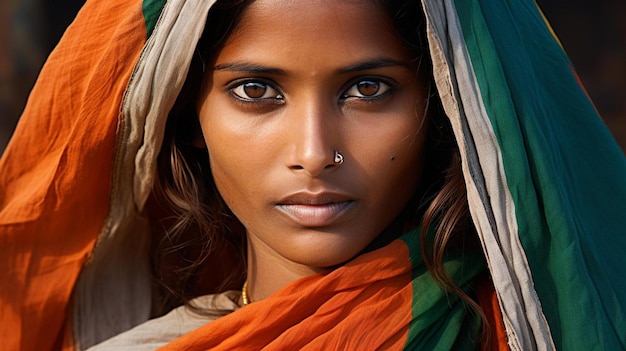 A woman with a green and yellow scarf