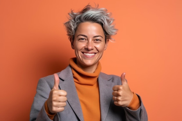 A woman with a grey blazer and a grey sweater smiles and shows a thumbs up sign.