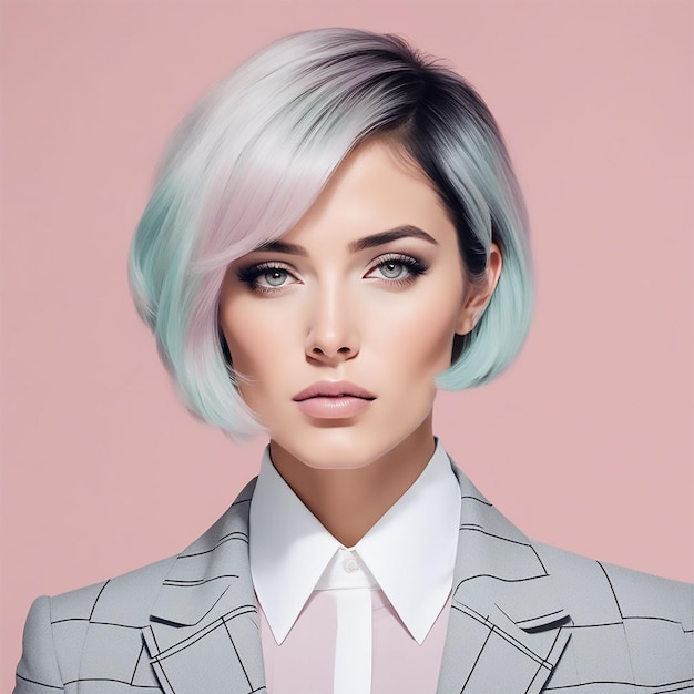 a woman with a grey and blue hair is posing in front of a pink background