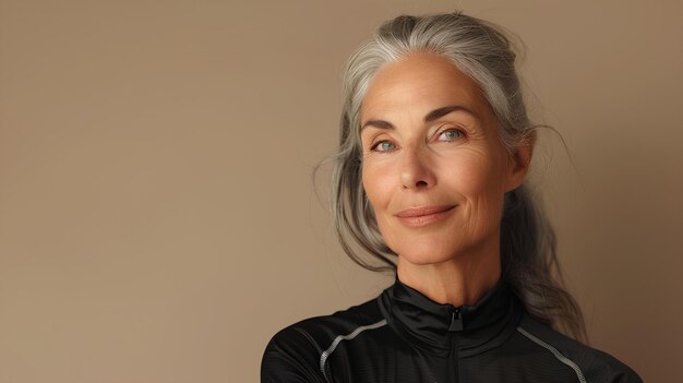 A woman with grey hair and a black shirt smiling at the camera with a neutral background and a