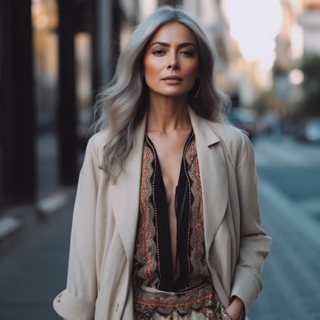 A woman with grey hair and a black top is walking down the street.