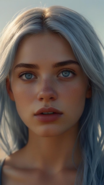 a woman with grey hair and a blue eyes