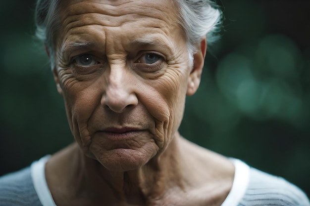 A woman with grey hair and a blue shirt stands in front of a green background.