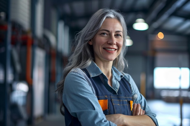 Foto una donna con i capelli grigi e una camicia blu che dice che sta sorridendo