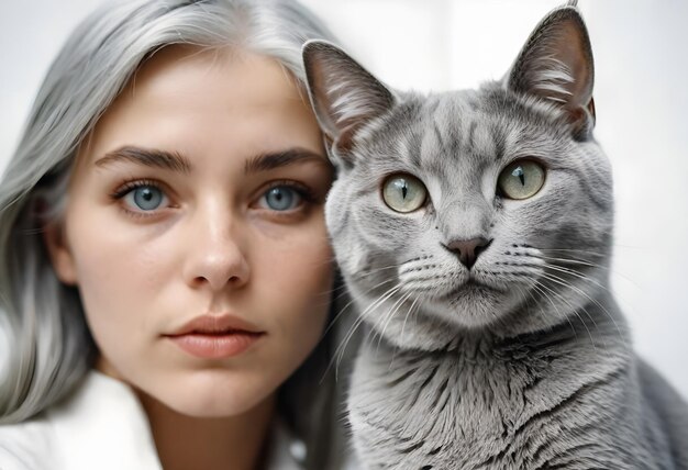 Photo a woman with grey hair and a cat looking at the camera