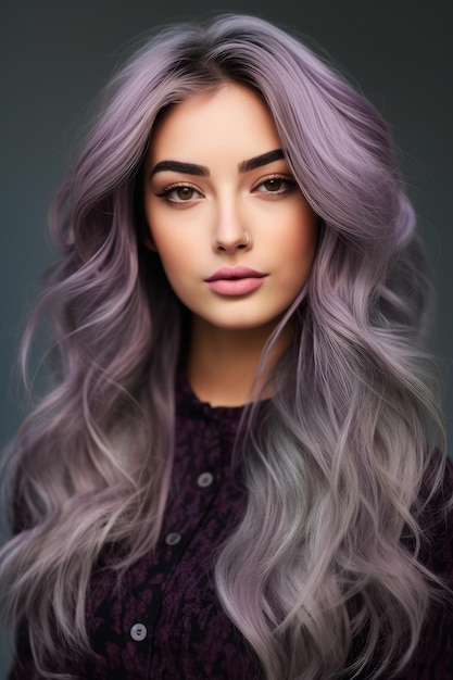 灰色の髪の色と紫のシャツを着た女性