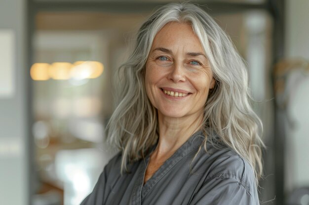 a woman with grey hair and a gray shirt is smiling