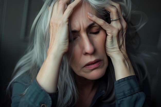 A woman with grey hair holding her head