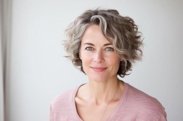 a woman with grey hair and a pink shirt is smiling