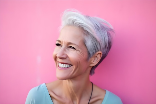 A woman with grey hair smiles in front of a pink background.