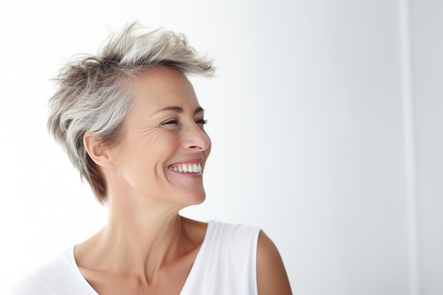 A woman with grey hair smiling and looking at the camera.