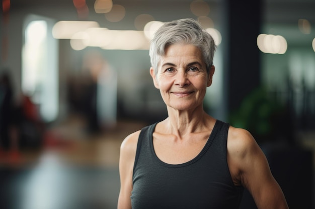 A woman with grey hair stands in a gym.