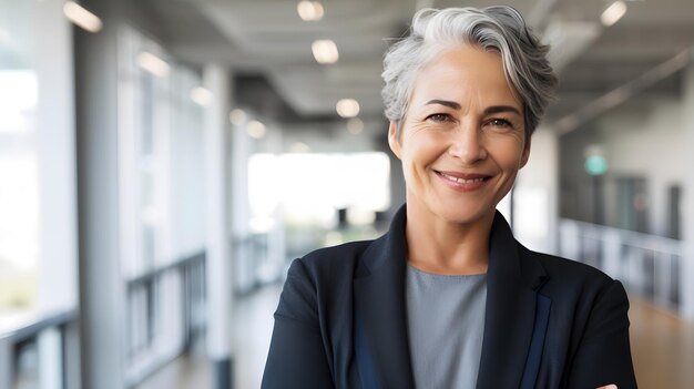 A woman with grey hair stands in a hallway with a sign that says'i'm a woman '