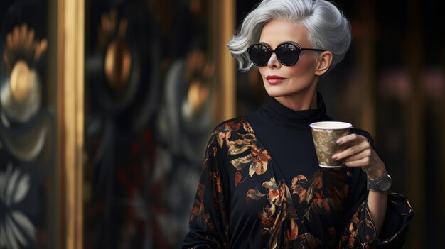 Foto una donna con i capelli grigi con gli occhiali da sole è in piedi al caffè con il caffè in mano