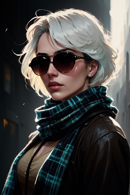 A woman with a grey hair and sunglasses