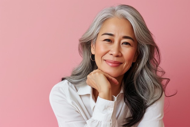 a woman with grey hair and a white shirt