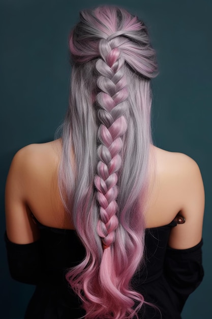 A woman with a grey and pink hair with a braided ponytail