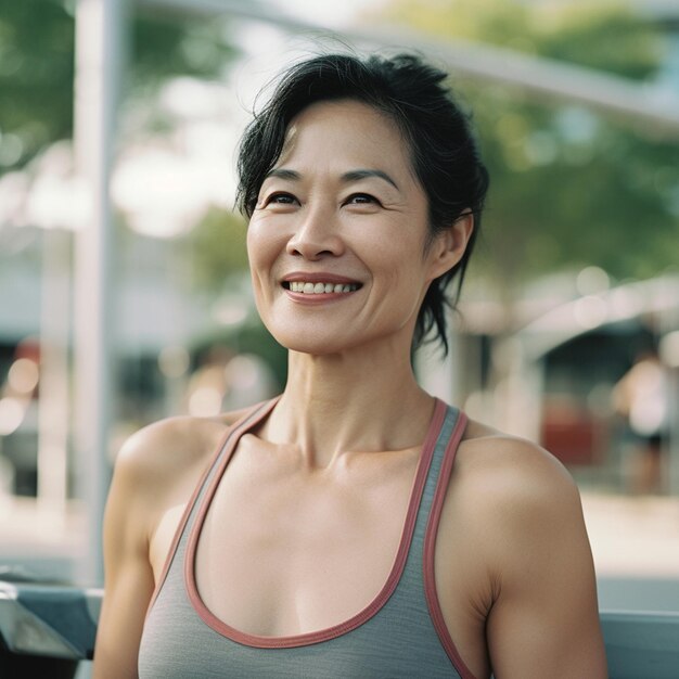 Premium Ai Image A Woman With A Grey Tank Top Is Smiling And Wearing A Gray Tank Top