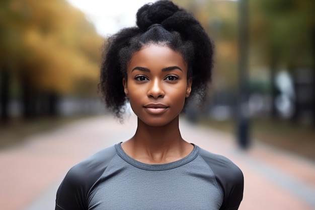 A woman with a grey top and black hair stands in front of a brick wall.