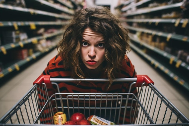 Photo woman with a grocery cart in the supermarket