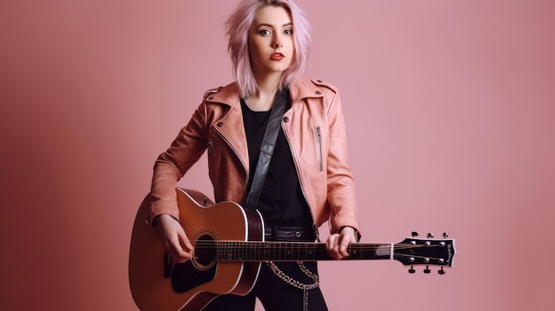 A woman with a guitar in her hand is playing a guitar.