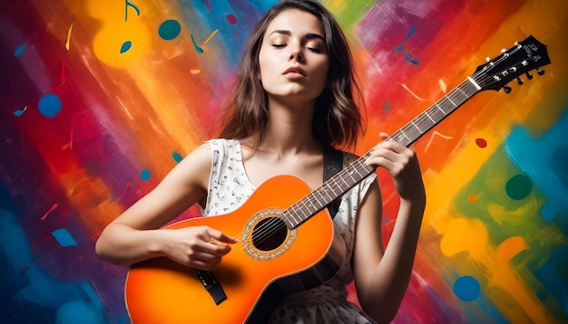 Photo a woman with a guitar in her hand playing it