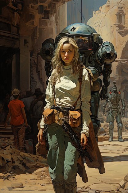 Photo a woman with a gun stands in front of a robot