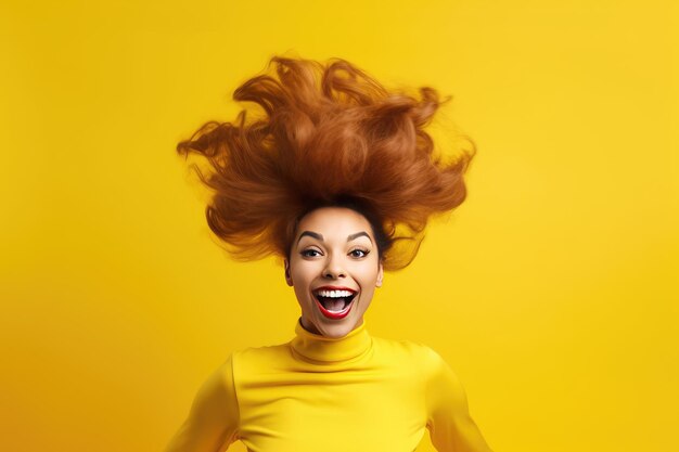 Woman with hair floating yellow background smilingxa