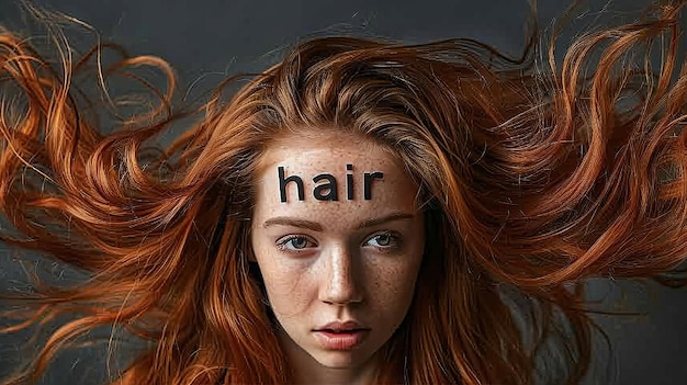 a woman with a hair sign on her head