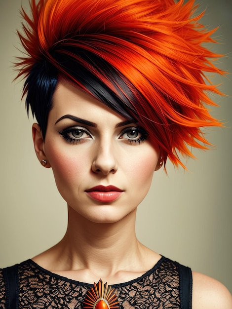 A woman with a haircut that has a red and black hair with a blue and orange mohawk.