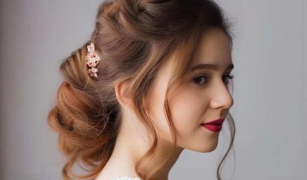 A woman with a hairdo and a flower in her hair