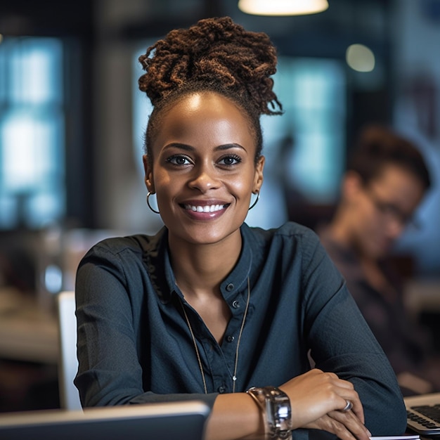 A woman with a hairdo that has a smile on her face.