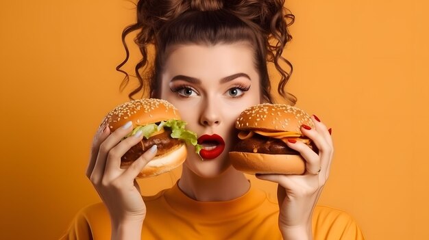 A woman with a hamburger in her hands.